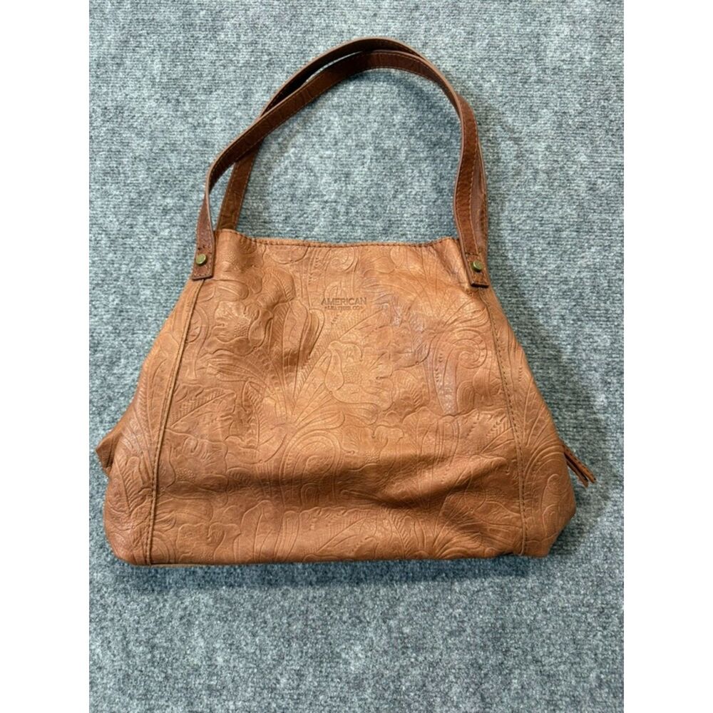 American Leather Co Brown Embossed Floral Leather Tote Bag Western Boho Cognac